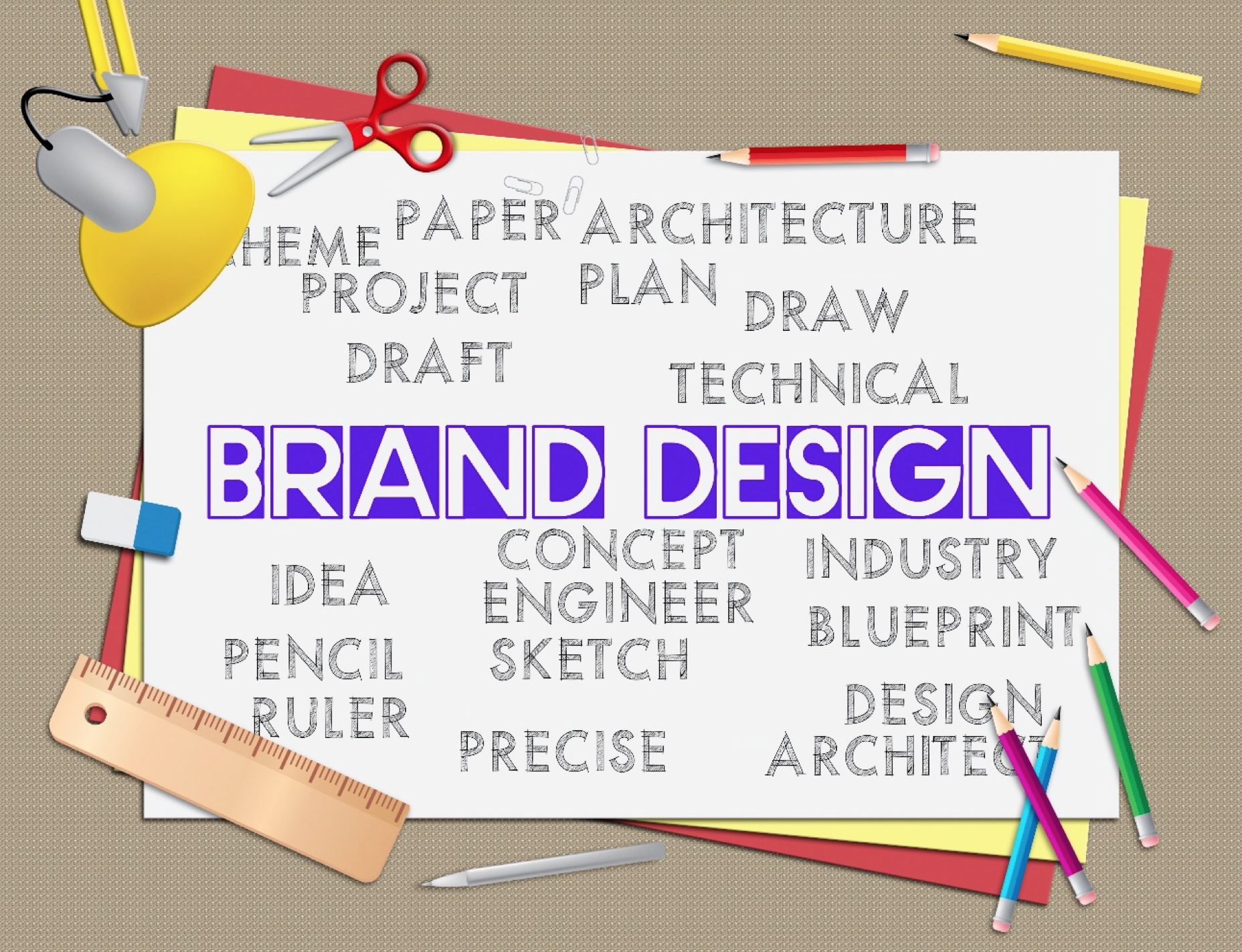 Brand Design indicates artwork idea and branding 