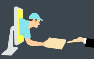 An illustration showing a delivery man delivering a package via the screen