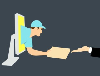 An illustration showing a delivery man delivering a package via the screen